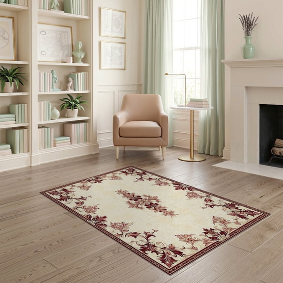 ODIKA 4'x6' Machine Washable Non-Slip Area Rug, Elegant Damask Scrollwork Featuring Intricate Symmetrical Flourishes High Traffic Rug, Beige, 253367