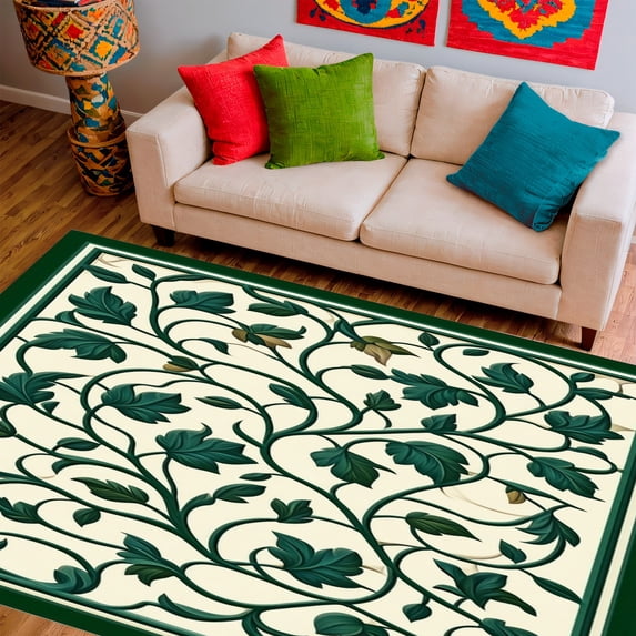 ODIKA 4' x 6' Machine Washable Non-Slip Area Rug, Middle Eastern Leaf High Traffic Rug, Green, 182962