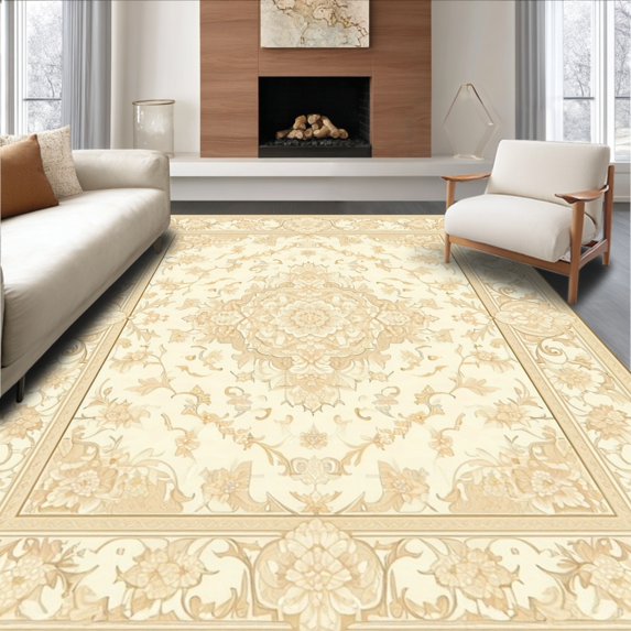 ODIKA 4' x 6' Machine Washable Non-Slip Area Rug, Middle Eastern Medallion High Traffic Rug, Beige, 182272
