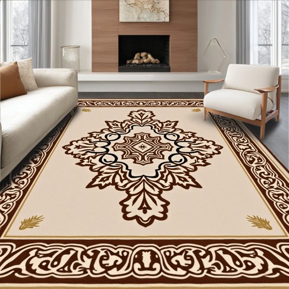 ODIKA 4' x 6' Machine Washable Non-Slip Area Rug, Middle Eastern Medallion High Traffic Rug, Beige, 302096