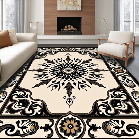 ODIKA 4' x 6' Machine Washable Non-Slip Area Rug, Middle Eastern Medallion High Traffic Rug, Beige, 388568