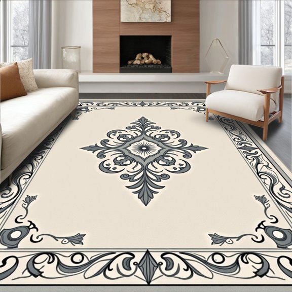 ODIKA 4' x 6' Machine Washable Non-Slip Area Rug, Middle Eastern Medallion High Traffic Rug, Beige, 400991