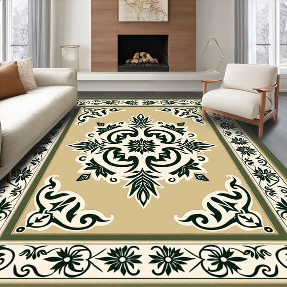 ODIKA 4'x6' Machine Washable Non-Slip Area Rug, Olive Blossom Central Motif Design High Traffic Rug, Beige, 407505