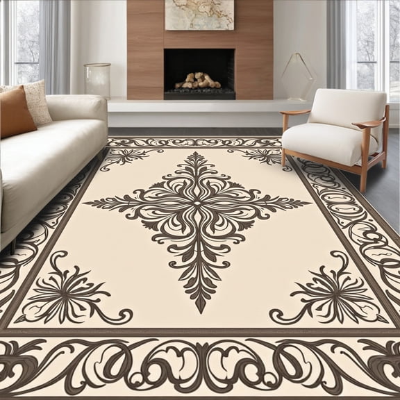 ODIKA 4' x 6' Machine Washable Non-Slip Area Rug, Middle Eastern Medallion High Traffic Rug, Beige, 413268