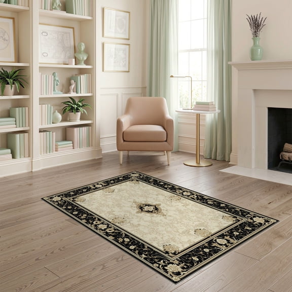 ODIKA 4'x6' Machine Washable Non-Slip Area Rug, Beautiful with Classic Black and Beige Decorative High Traffic Rug, Beige, 51265