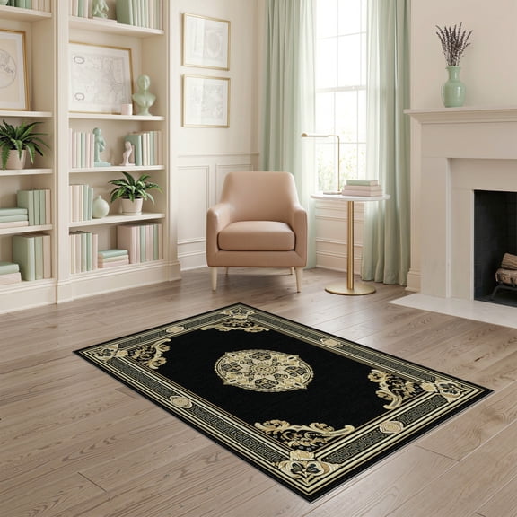 ODIKA 4'x6' Machine Washable Non-Slip Area Rug, Machine Black Gold Medallion High Traffic Rug, Black, 84805