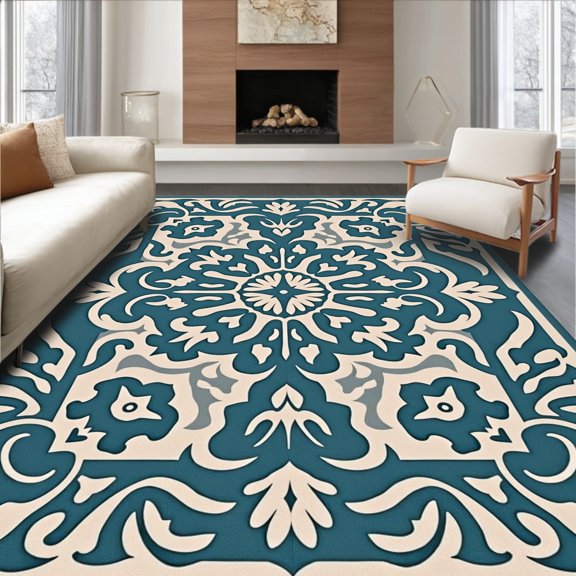 ODIKA 4' x 6' Machine Washable Non-Slip Area Rug, Middle Eastern Medallion High Traffic Rug, Blue, 354829