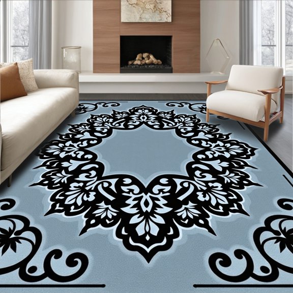 ODIKA 4' x 6' Machine Washable Non-Slip Area Rug, Middle Eastern Medallion High Traffic Rug, Blue, 371841
