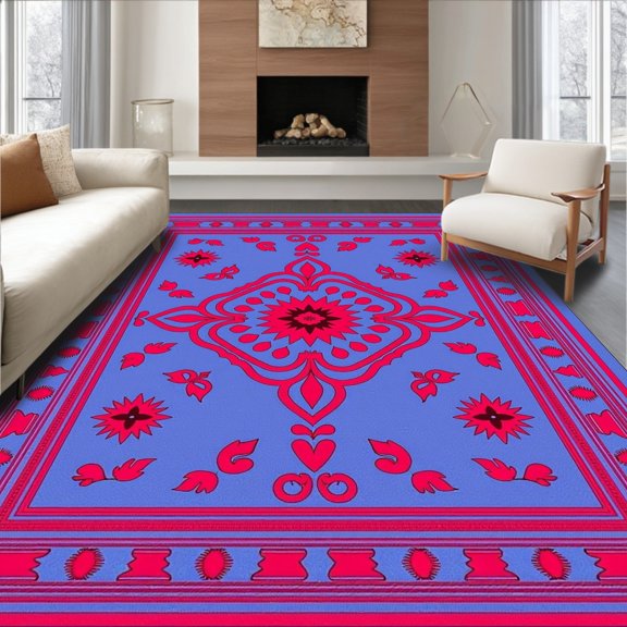 ODIKA 4' x 6' Machine Washable Non-Slip Area Rug, Middle Eastern Medallion High Traffic Rug, Blue, 399846