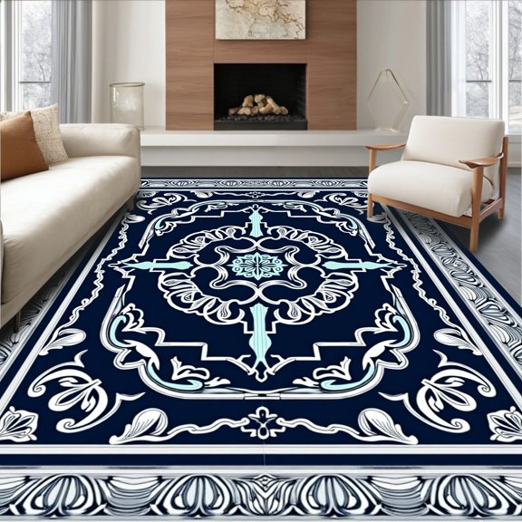 ODIKA 4' x 6' Machine Washable Non-Slip Area Rug, Middle Eastern Medallion High Traffic Rug, Blue, 405357