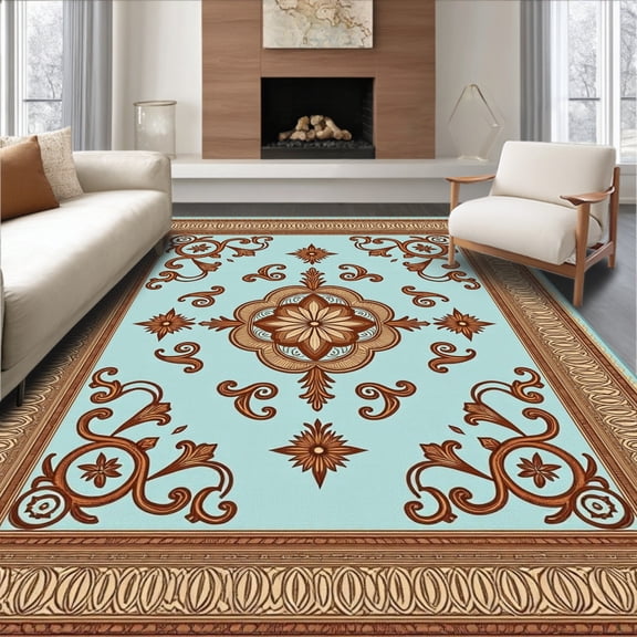 ODIKA 4'x6' Machine Washable Non-Slip Area Rug, Classic Boho With Faded Ornamental Filigree High Traffic Rug, Blue, 407107