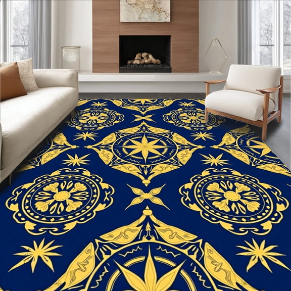 ODIKA 4' x 6' Machine Washable Non-Slip Area Rug, Middle Eastern Medallion High Traffic Rug, Blue, 408993