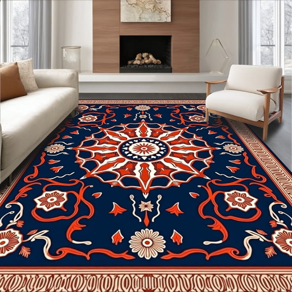 ODIKA 4'x6' Machine Washable Non-Slip Area Rug, Bohemian with Accent Details High Traffic Rug, Blue, 409126