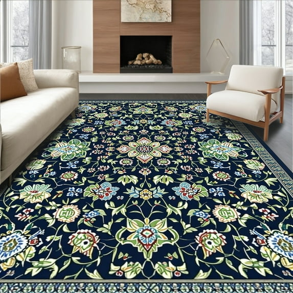 ODIKA 4' x 6' Machine Washable Non-Slip Area Rug, Middle Eastern Medallion High Traffic Rug, Blue, 9647