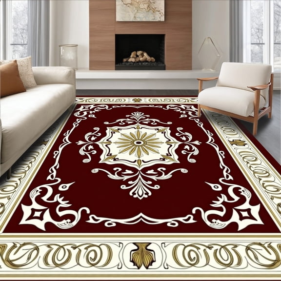 ODIKA 4' x 6' Machine Washable Non-Slip Area Rug, Middle Eastern Medallion High Traffic Rug, Burgundy, 383124