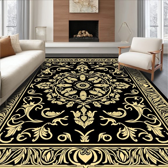 ODIKA 4' x 6' Machine Washable Non-Slip Area Rug, Middle Eastern Medallion High Traffic Rug, Gold, 240099