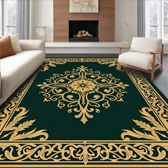 ODIKA 4' x 6' Machine Washable Non-Slip Area Rug, Middle Eastern Medallion High Traffic Rug, Green, 387241