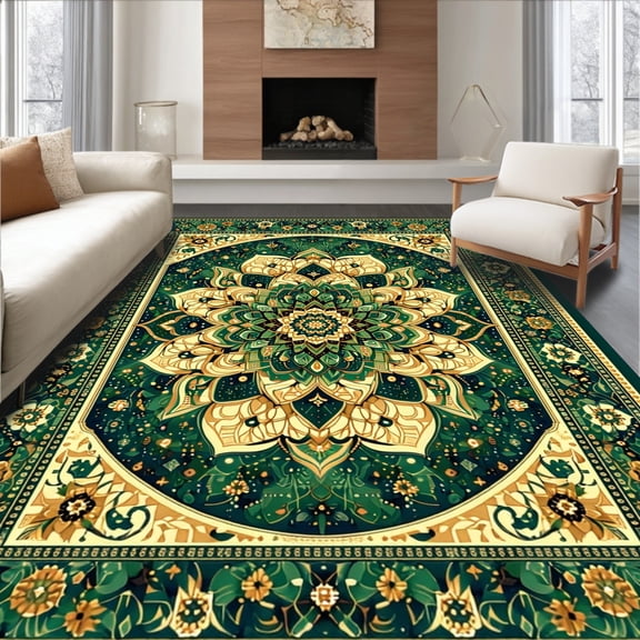 ODIKA 4' x 6' Machine Washable Non-Slip Area Rug, Middle Eastern Medallion High Traffic Rug, Green, 64635
