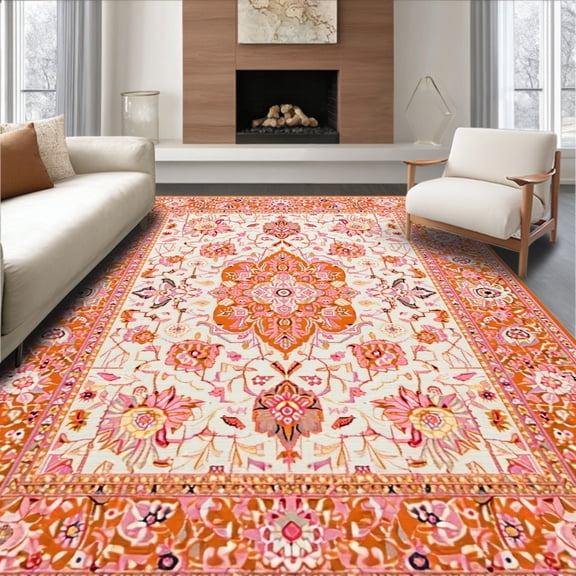 ODIKA 4'x6' Machine Washable Non-Slip Area Rug, Lively Orange Garden Inspired High Traffic Rug, Orange, 20593