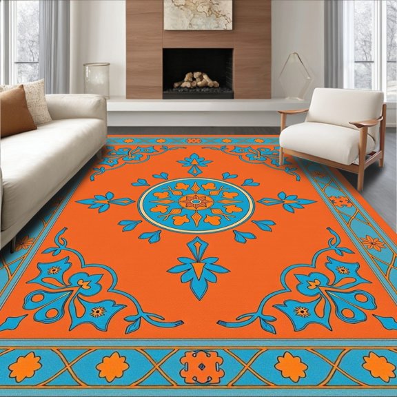 ODIKA 4' x 6' Machine Washable Non-Slip Area Rug, Middle Eastern Medallion High Traffic Rug, Orange, 407045