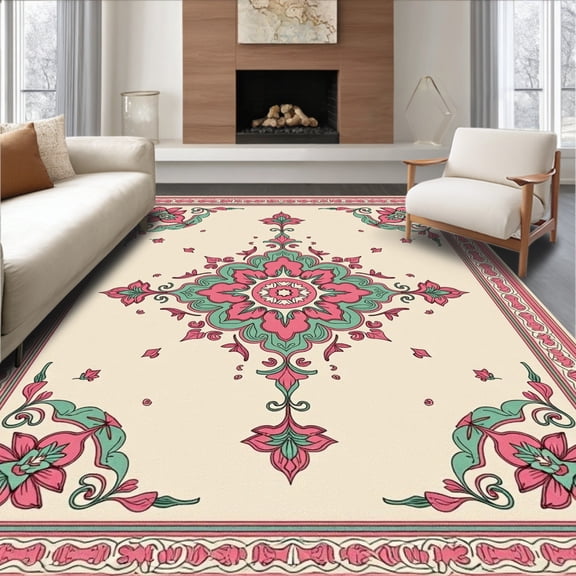 ODIKA 4' x 6' Machine Washable Non-Slip Area Rug, Middle Eastern Medallion High Traffic Rug, Pink, 408057