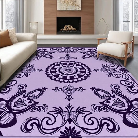 ODIKA 4'x6' Machine Washable Non-Slip Area Rug, Vintage Distressed Medallion with Subtle Retro Accents High Traffic Rug, Purple, 362781