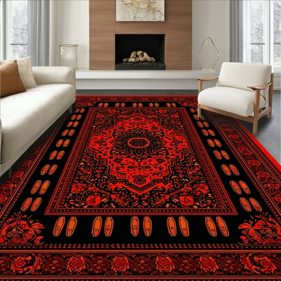 ODIKA 4'x6' Machine Washable Non-Slip Area Rug, Unique Ominous Artful Composition High Traffic Rug, Red, 26974