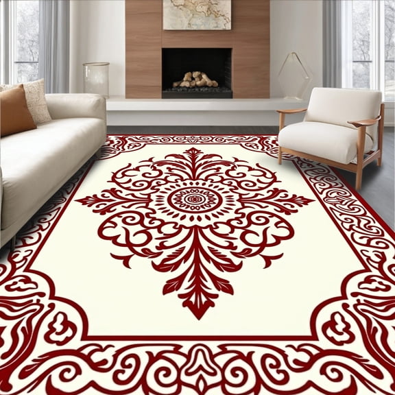 ODIKA 4'x6' Machine Washable Non-Slip Area Rug, Traditional Damask & Cream High Traffic Rug, Red, 364943
