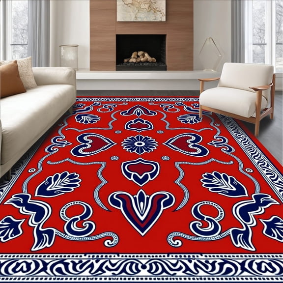 ODIKA 4'x6' Machine Washable Non-Slip Area Rug, Groovy Paisley Vintage High Traffic Rug, Red, 402965