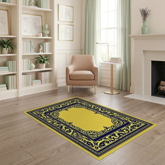 ODIKA 4'x6' Machine Washable Non-Slip Area Rug, Ornate Medallion Motif Floor Covering High Traffic Rug, Yellow, 336331