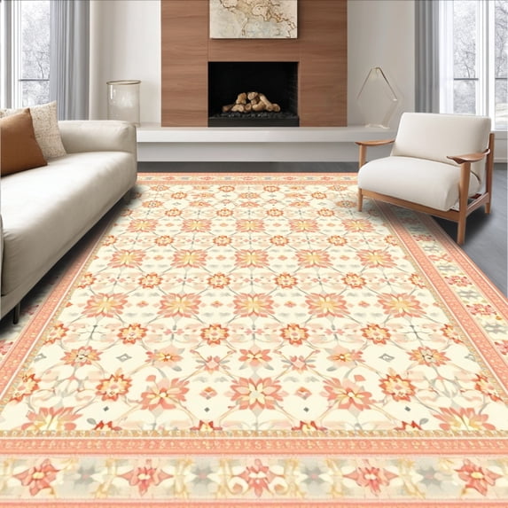 ODIKA 4'x6' Machine Washable Non-Slip Area Rug, Beachy Rhomboid Torus Motif Featuring Apricot Daisy Pillar Design High Traffic Rug, Beige, 195718