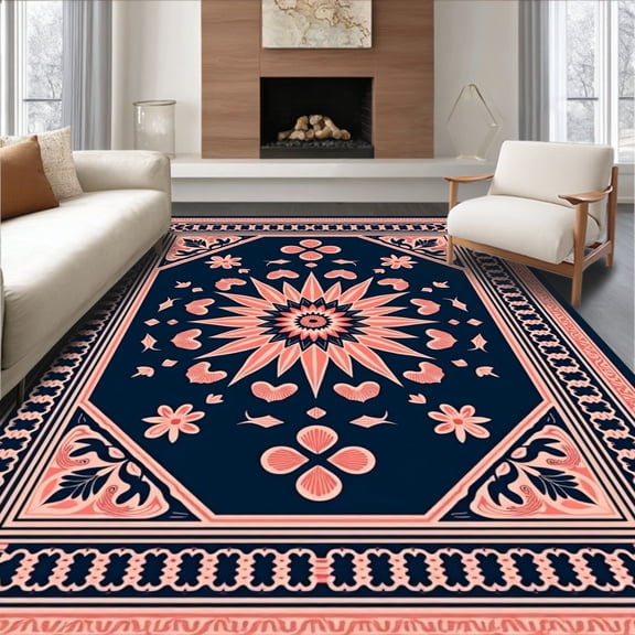ODIKA 4'x6' Machine Washable Non-Slip Area Rug, Modern Abstract Medallion with Motifs High Traffic Rug, Navy, 408528