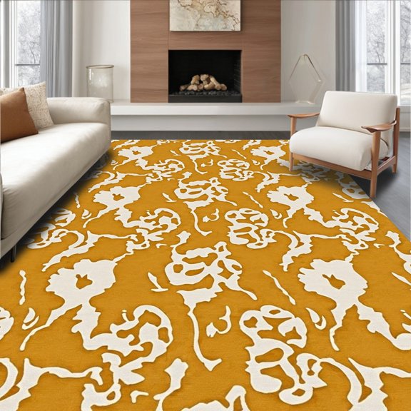 ODIKA 4' x 6' Machine Washable Non-Slip Area Rug, Middle Eastern Swirl High Traffic Rug, Gold, 322147