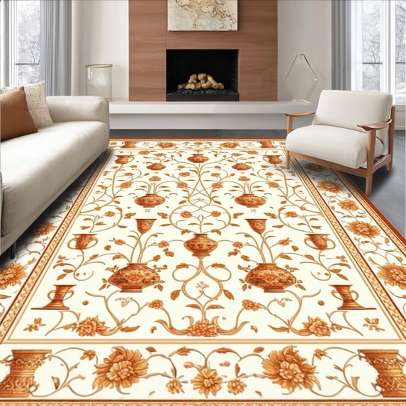 ODIKA 4'x6' Machine Washable Non-Slip Area Rug, Vintage Jar with Decorative Lattice and Botanical Embellishments High Traffic Rug, Beige, 122987