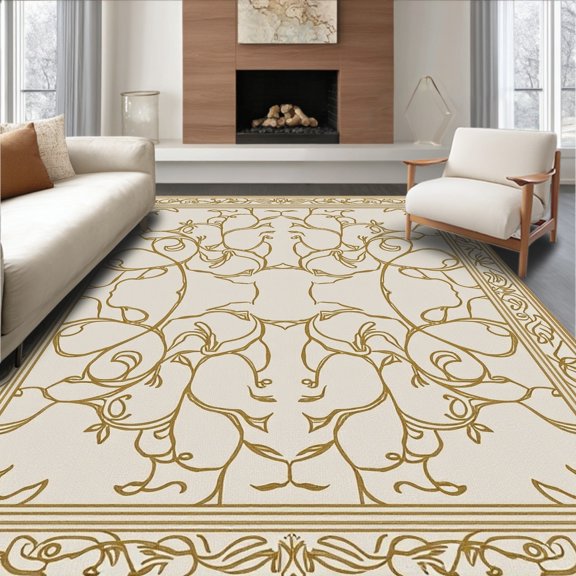 ODIKA 4' x 6' Machine Washable Non-Slip Area Rug, Middle Eastern Vine High Traffic Rug, Gold, 335717