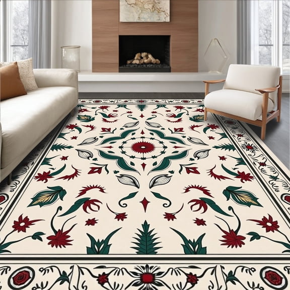 ODIKA 4'x6' Machine Washable Non-Slip Area Rug, Ivory Steel Botanical Printed Accent High Traffic Rug, Red, 408976