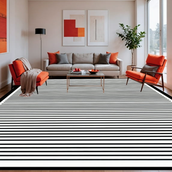 ODIKA 4' x 6' Machine Washable Non-Slip Area Rug, Minimalist Stripe High Traffic Rug, Black, 39218