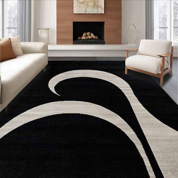 ODIKA 4' x 6' Machine Washable Non-Slip Area Rug, Minimalist Wave High Traffic Rug, Black, 143687