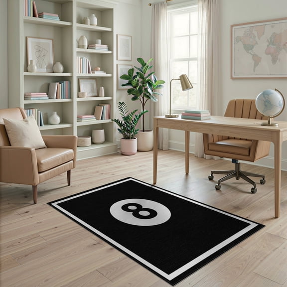 ODIKA 4'x6' Machine Washable Non-Slip Area Rug, Novelty Pool Table Inspired Floor Decoration High Traffic Rug, Black, 579626