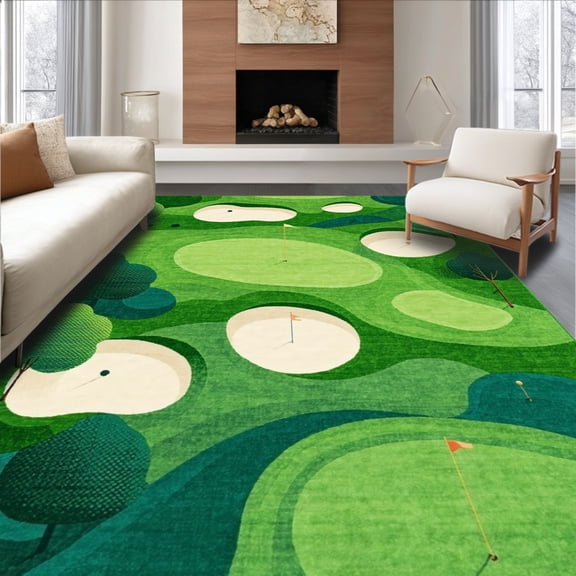 ODIKA 4'x6' Machine Washable Non-Slip Area Rug, Golf Course Inspired Abstract Fairway Shapes Circular Accents High Traffic Rug, Green, 166170