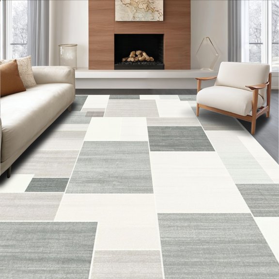 ODIKA 4'x6' Machine Washable Non-Slip Area Rug, Minimalist Grid With Subtle Overlapping Rectangular Blocks High Traffic Rug, Gray, 157150