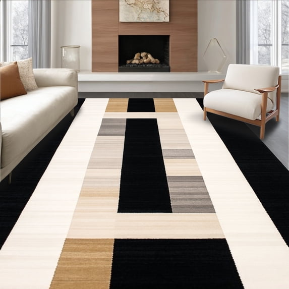 ODIKA 4'x6' Machine Washable Non-Slip Area Rug, Lines Beige & Black Geometric Abstract Design High Traffic Rug, Gray, 47446