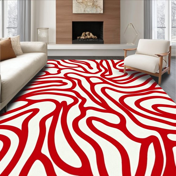 ODIKA 4' x 6' Machine Washable Non-Slip Area Rug, Modern Squiggle High Traffic Rug, Red, 339460