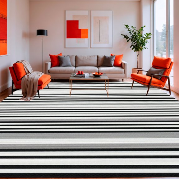 ODIKA 4'x6' Machine Washable Non-Slip Area Rug, Chic Minimalist Striped with Elegant Black and Geometry High Traffic Rug, Black, 137743