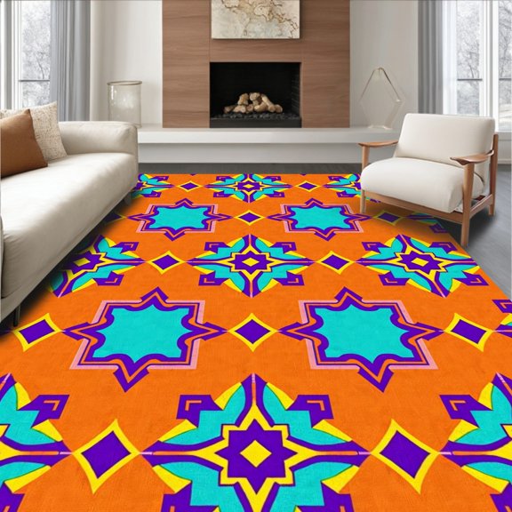 ODIKA 4' x 6' Machine Washable Non-Slip Area Rug, Moroccan diamond High Traffic Rug, Orange, 366049