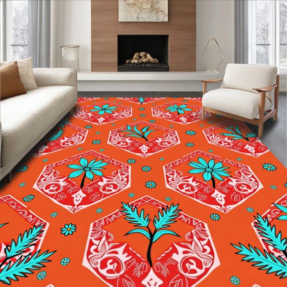ODIKA 4' x 6' Machine Washable Non-Slip Area Rug, Moroccan hexagon High Traffic Rug, Orange, 664818