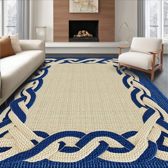 ODIKA 4'x6' Machine Washable Non-Slip Area Rug, Nautical Knot Braided Rope Style High Traffic Rug, Blue, 212372