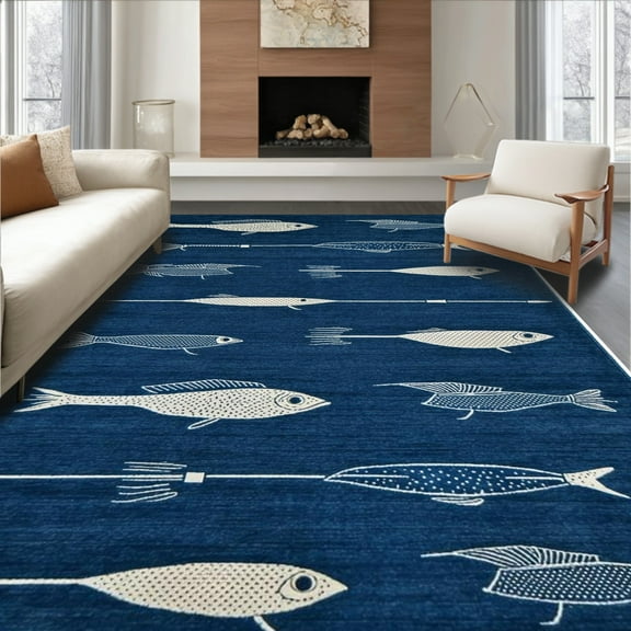 ODIKA 4'x6' Machine Washable Non-Slip Area Rug, Charming Coastal Fishing Motif Nautical Blue High Traffic Rug, Blue, 4609