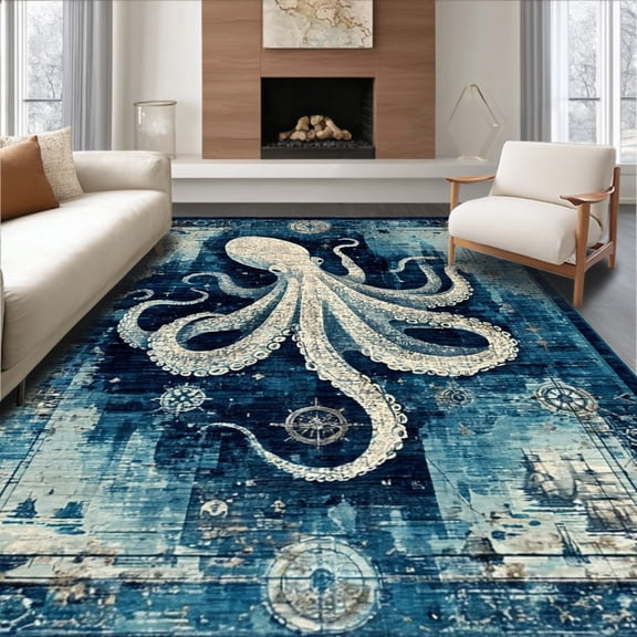 ODIKA 4'x6' Machine Washable Non-Slip Area Rug, Retro Oceanic Kraken Featuring Vintage Chart Art and Mermaid High Traffic Rug, Blue, 38772