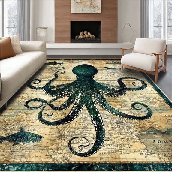 ODIKA 4'x6' Machine Washable Non-Slip Area Rug, Undersea Explorer Cartographic Treasure Decorative Conversation High Traffic Rug, Green, 38700